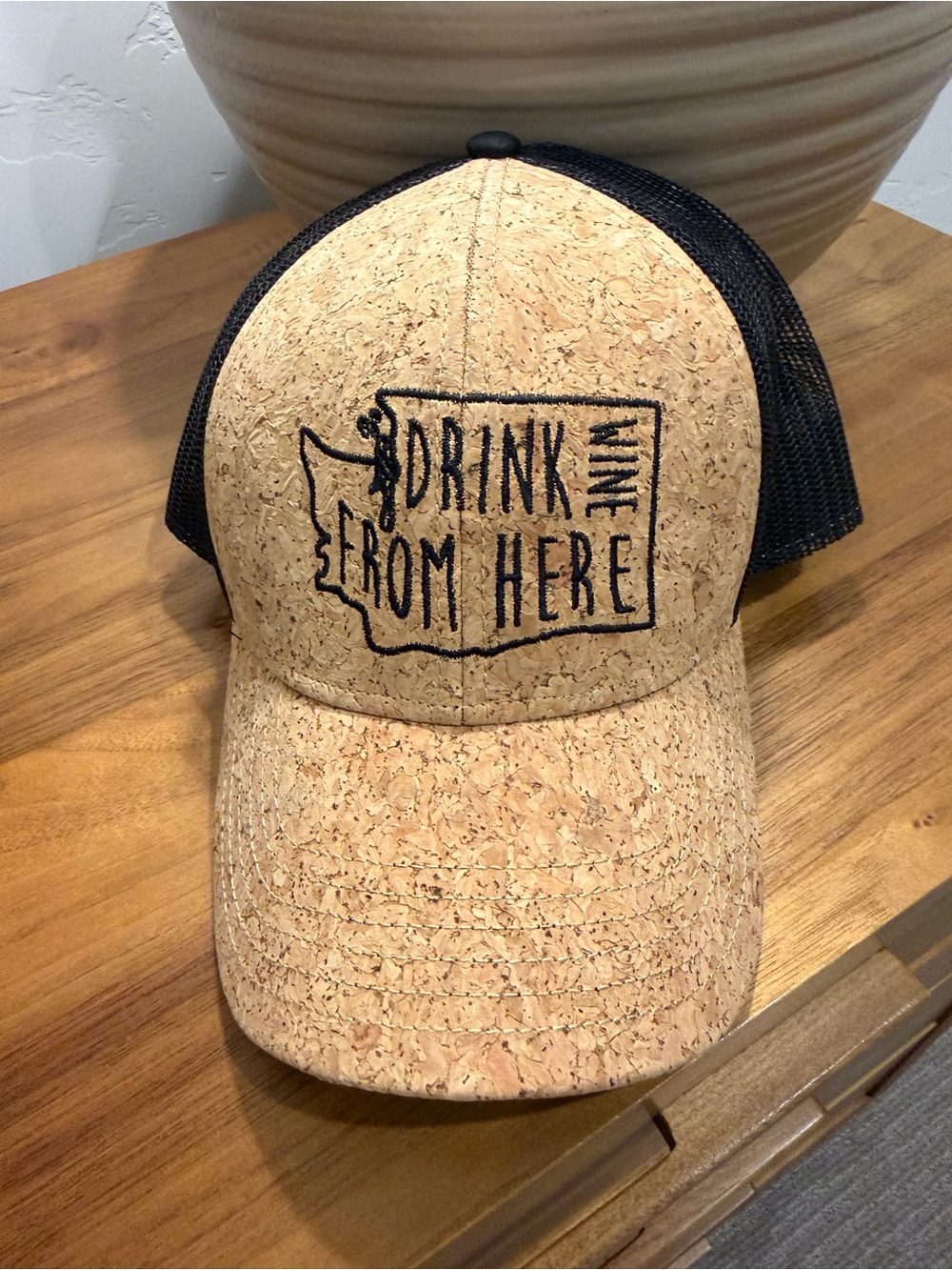 Cork Front Trucker Hat with Black Mesh - Drink Wine From Here